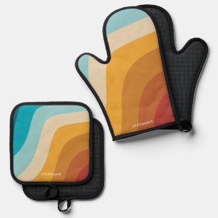 Ensemble De Gant De Cuisine Et De Manique Retro Coloré Vintage Rainbow Waves Personnalisé