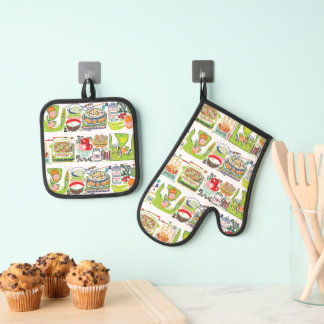 Ensemble De Gant De Cuisine Et De Manique Retro Cuisine Cuisinière Livre Illustration Vert c