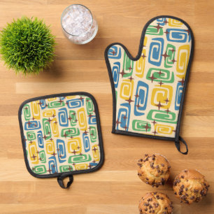 Ensemble De Gant De Cuisine Et De Manique Retro Mid-Century moderne Cosmique Abstrait Motif