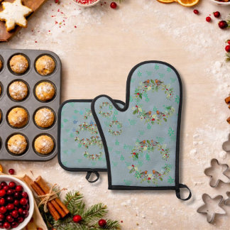 Ensemble De Gant De Cuisine Et De Manique Robin, couronnes et flocons de neige gris
