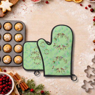 Ensemble De Gant De Cuisine Et De Manique Robin, couronnes et flocons de neige verts