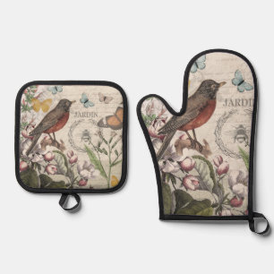 Ensemble De Gant De Cuisine Et De Manique Robin Elegant Bird Butterfly French Art