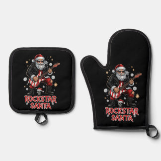 Ensemble De Gant De Cuisine Et De Manique Rockstar Santa Potholder Set
