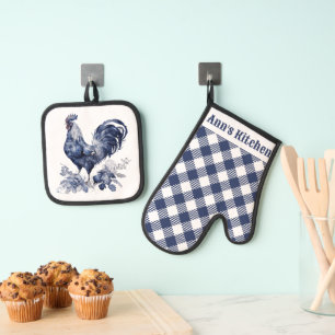 Ensemble De Gant De Cuisine Et De Manique "Rooster" Blue Willow Style Personnalisé