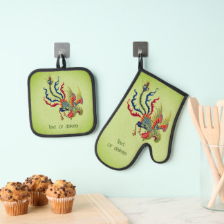 Ensemble De Gant De Cuisine Et De Manique Rooster chinois coloré Art personnalisé