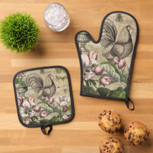 Ensemble De Gant De Cuisine Et De Manique Rooster Garden Flower Papillon Art