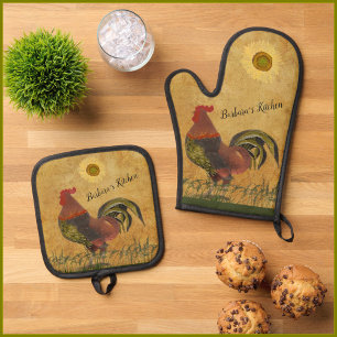 Ensemble De Gant De Cuisine Et De Manique Rooster Rustique Pays Fière Nom Personnalisé