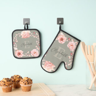 Ensemble De Gant De Cuisine Et De Manique Rose d'aquarelle Wreath personnalisée | Vert sage