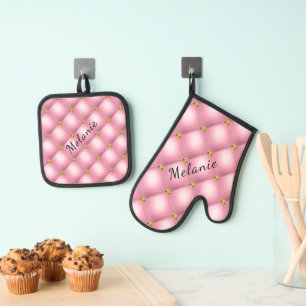 Ensemble De Gant De Cuisine Et De Manique Rose Gold Diamant Touffeté Nom Personnalisé Person