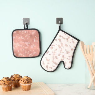 Ensemble De Gant De Cuisine Et De Manique Rose Gold Fêtes de neige Arbre Noël