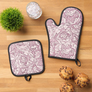 Ensemble De Gant De Cuisine Et De Manique Rose rose baroque feuillage orné