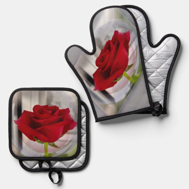 Ensemble De Gant De Cuisine Et De Manique Rose rouge 2 (Recto/Verso)