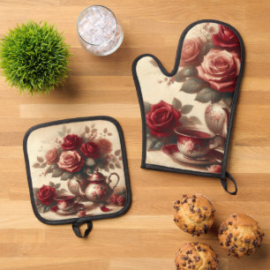 Ensemble De Gant De Cuisine Et De Manique Rose rouge vintage 