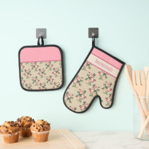Ensemble De Gant De Cuisine Et De Manique Roses de Cottage Antique   Pois roses et blancs