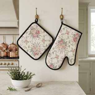 Ensemble De Gant De Cuisine Et De Manique Roses pastel élégant shabby chic