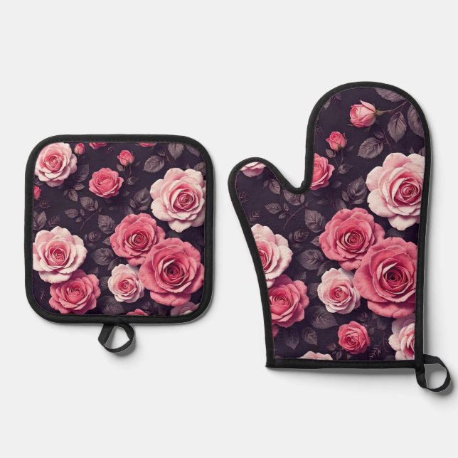 Ensemble De Gant De Cuisine Et De Manique Roses roses (Recto)