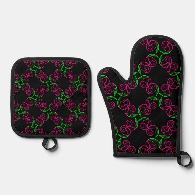 Ensemble De Gant De Cuisine Et De Manique Roses roses chauds (Recto)