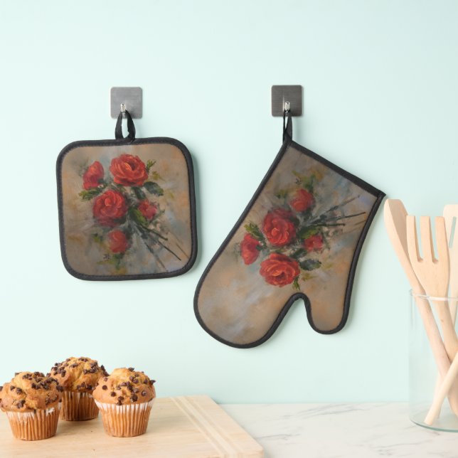 Ensemble De Gant De Cuisine Et De Manique Roses Rouges (In situ (suspendu))