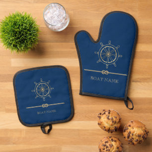 Ensemble De Gant De Cuisine Et De Manique Roue de bateau en or nautique, bleu marine