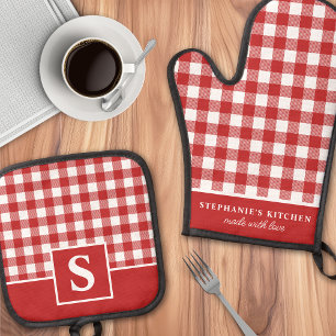 Ensemble De Gant De Cuisine Et De Manique Rouge Et Blanc Gingham Carreaux Vichy Monogrammé