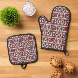 Ensemble De Gant De Cuisine Et De Manique Rouge Noir Taupe Beige Grey Motif d'art tribal
