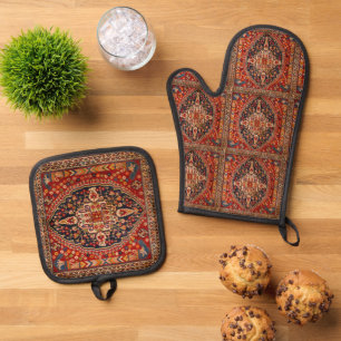 Ensemble De Gant De Cuisine Et De Manique Rouge orange antique Vintage Perse orientale tapis