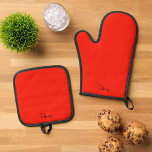 Ensemble De Gant De Cuisine Et De Manique Rouge uni personnalisé Noël stylé