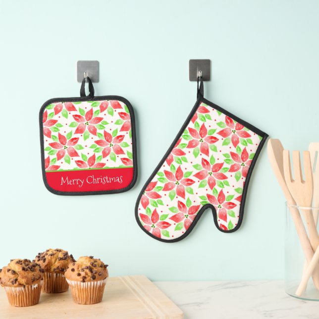 Ensemble De Gant De Cuisine Et De Manique Rouge vert Aquarelle Poinsettia Motif (In situ (suspendu))