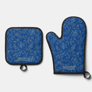 Ensemble De Gant De Cuisine Et De Manique Royal Blue Gold personnalisé Abstrait Floral
