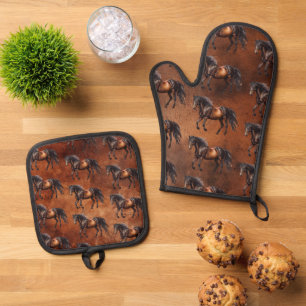 Ensemble De Gant De Cuisine Et De Manique Russe Brown Cheval du Sud-Ouest Cowboy Cowgirl