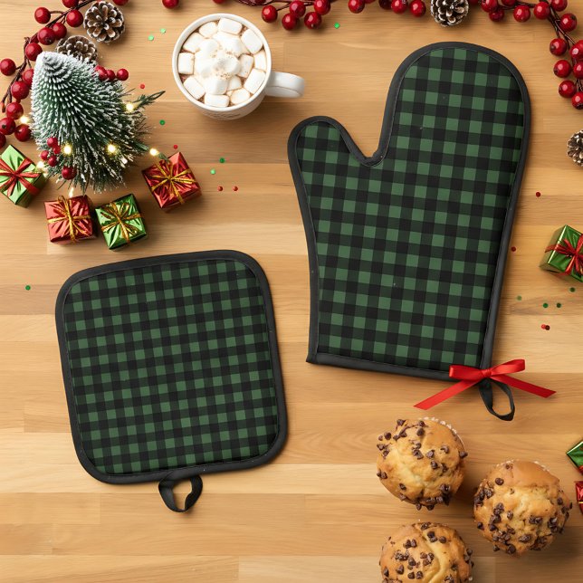 Ensemble De Gant De Cuisine Et De Manique Rustic Christmas Green & Black Buffalo Plaid (Créateur téléchargé)