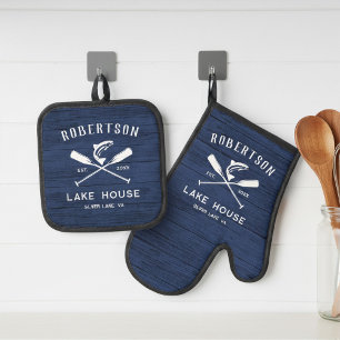 Ensemble De Gant De Cuisine Et De Manique Rustic Lake Maison Nom de famille Marine Blue Wood