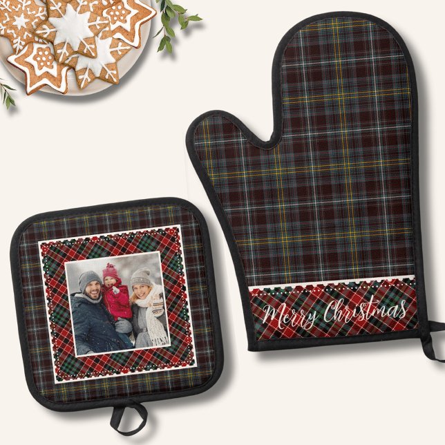 Ensemble De Gant De Cuisine Et De Manique Rustic Plaid Joyeux Noël Photo (Rustic Plaid Merry Christmas Photo Oven Mitt & Pot Holder Set)