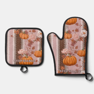 Ensemble De Gant De Cuisine Et De Manique Rustique Citrouilles d'automne & dentelle fleurie