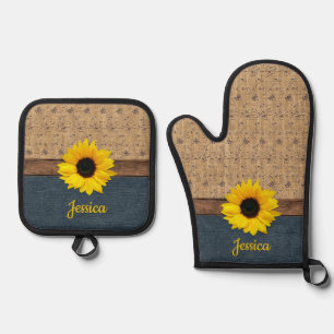 Ensemble De Gant De Cuisine Et De Manique Rustique Pays Simulé Burlap Denim Tournesol