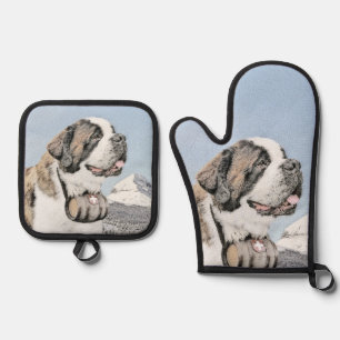 Ensemble De Gant De Cuisine Et De Manique Saint Bernard Peinture Rough St Original Chien Art