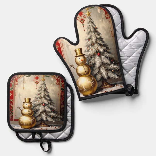 Ensemble De Gant De Cuisine Et De Manique Sapin de Noël Bonhomme de Neige en Or (Recto/Verso)