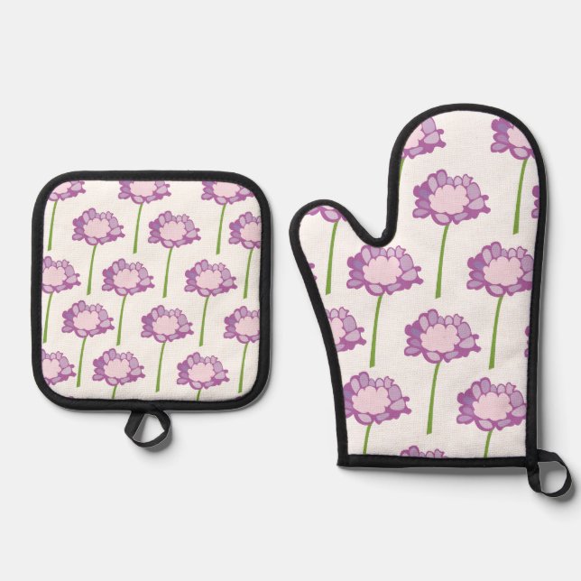 Ensemble De Gant De Cuisine Et De Manique Scabiosa Purple Pincushion Fleur Florale (Recto)