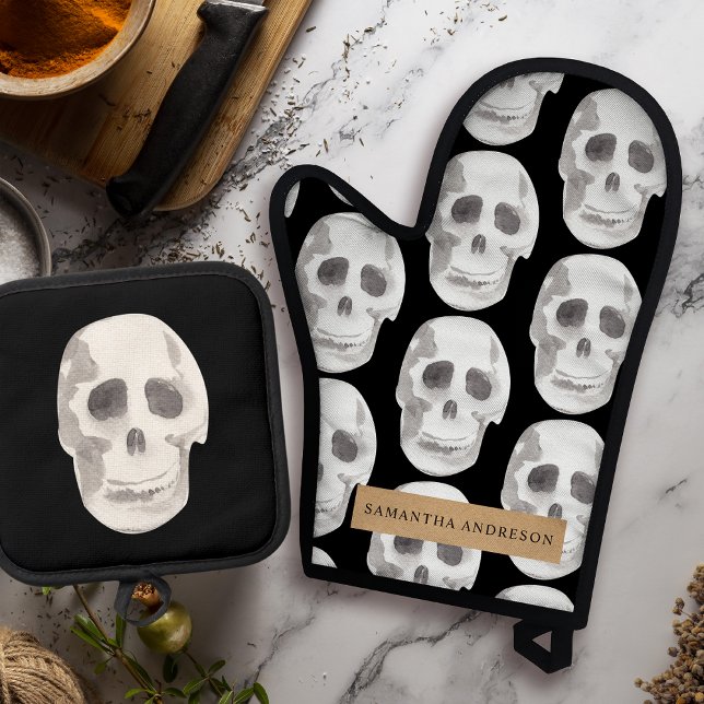 Ensemble De Gant De Cuisine Et De Manique Scary Scull Black & White Pattern (Créateur téléchargé)