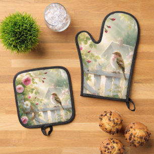 Ensemble De Gant De Cuisine Et De Manique Scène aquarelle de rose de jardin et d'oiseau