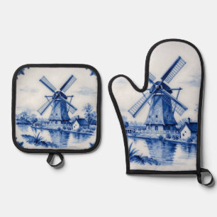 Ensemble De Gant De Cuisine Et De Manique Scène de canal classique avec moulin à vent de Del