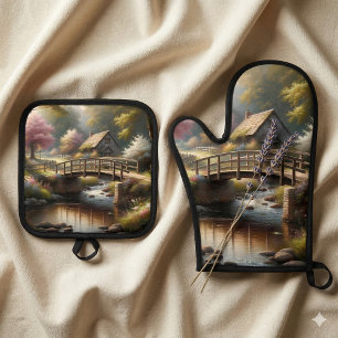 Ensemble De Gant De Cuisine Et De Manique Scène de cottage printanière Cottagecore au bord d