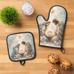Ensemble De Gant De Cuisine Et De Manique Scène de la Nativité de la Sainte Famille radieuse