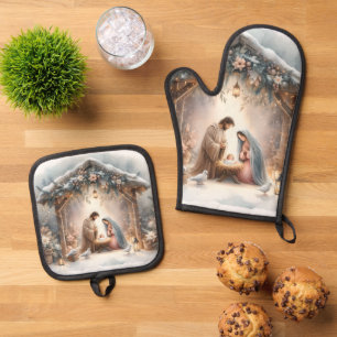 Ensemble De Gant De Cuisine Et De Manique Scène de Nativité Rustique avec Fleurs d'Hiver
