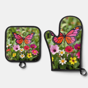 Ensemble De Gant De Cuisine Et De Manique Scène vibrante de jardin avec papillon monarque