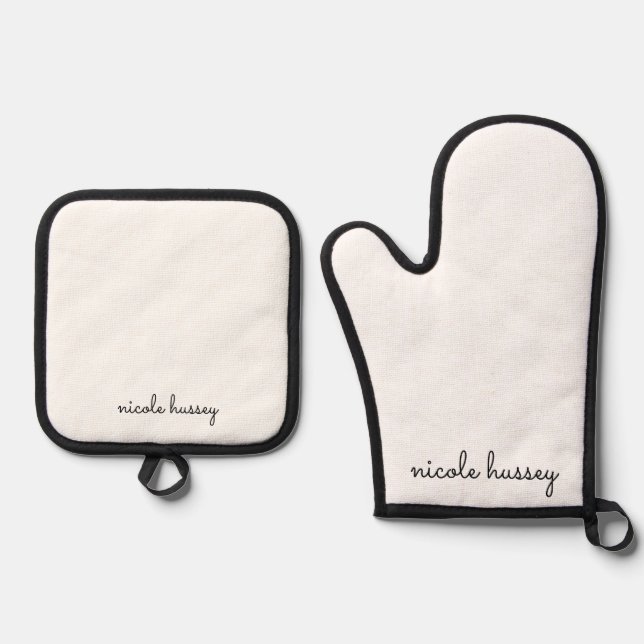 Ensemble De Gant De Cuisine Et De Manique Script blanc | Moderne Monogramme élégant (Recto)
