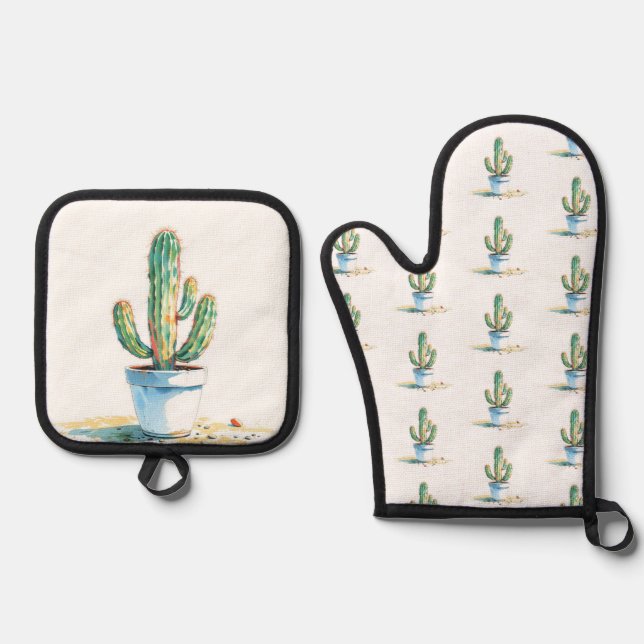 Ensemble De Gant De Cuisine Et De Manique Set manoplas y agarradera cactus (Recto)