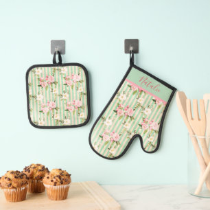 Ensemble De Gant De Cuisine Et De Manique Shabby Chic Green White Stripes et Floral