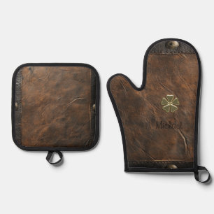 Ensemble De Gant De Cuisine Et De Manique Shamrock d'or St.Patrick`s Day, Cuir Brown