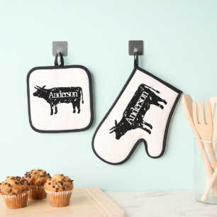 Ensemble De Gant De Cuisine Et De Manique Silhouette de vache noire personnalisée